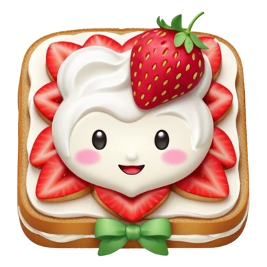square toast topped with fluffy white cream, decorated with a strawberry bow made from two strawberry halves and a small sliced center, bright red and glossy, Clean soft shading, kawaii emoji style, centered object, no plate, no background, high detail, pastel tone sticker