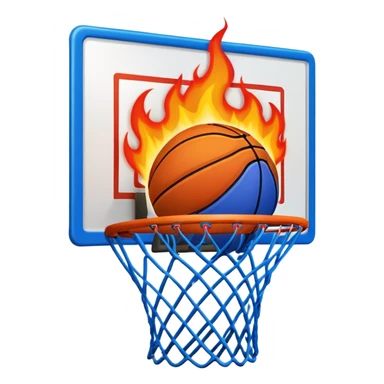 Blue basketball with flames effect passing through net, dramatic sports moment, iOS emoji style sticker