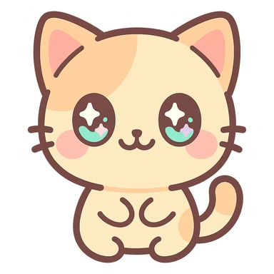 kawaii chibi-style cat emoji with pastel orange and brown cream fur, anime-style happy expression, sparkly eyes, blushing cheeks, pastel color palette, soft rounded design, vector art sticker