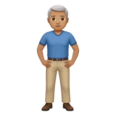 Clothed mature man standing, facing viewer, holding his crotch sticker