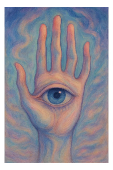 a surreal style hand with a single large eye in the center, dreamlike and imaginative sticker
