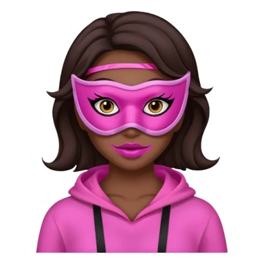 chica de pelo marron oscuro con mascarilla rosa y ropa rosa y makeup sticker