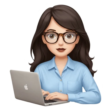 A white woman with long wavy dark brown hair and a whispy bang, wearing thick tortoise SQUARE glasses. She has long lashes and a nude browny glossy lipstick. She's wearing an oversize light blue shirt with white strips. She's working on a laptop sticker