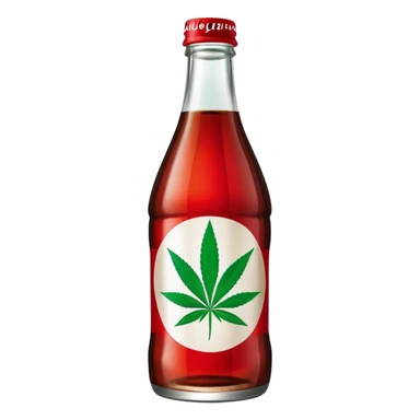 iconic curved Coca-Cola style glass bottle in red with a green cannabis leaf printed on it sticker