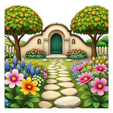 Still life, picturesque highly detailed garden adorned with diverse, vibrant flowers in full bloom, a pathway with beautiful stones, masterpiece,  dpi 300, 8k. sticker