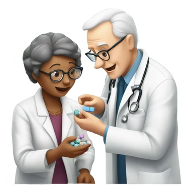 A Caucasian doctor with glasses serving 25 pills to an old woman ￼ sticker