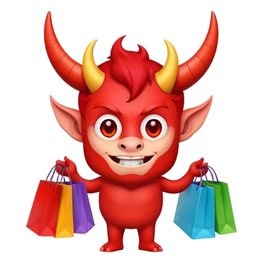 Red devil with horns carrying colorful shopping bags sticker