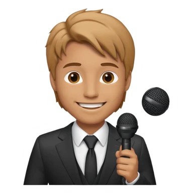 Man in suit with microphone with tan hair sticker