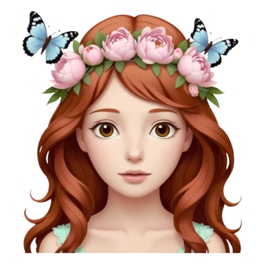 Woman with long flowing auburn hair wearing a pastel flower crown with pale pastel pink peonies and cream colored roses and butterflies in it sticker