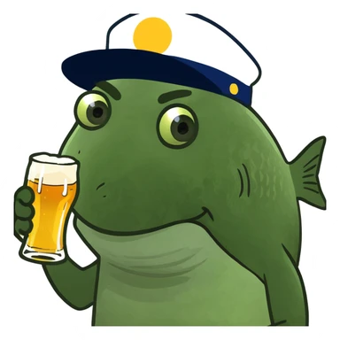 fish holding a beer and wearing a hat sticker