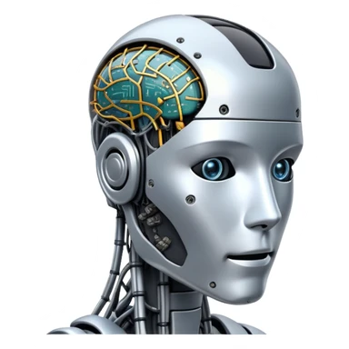An icon featuring a humanoid robot head, neural network connections, and binary code, symbolizing artificial intelligence. The design includes a brain with circuits and machine learning algorithms, representing the study and development of intelligent systems. Transparent background  sticker