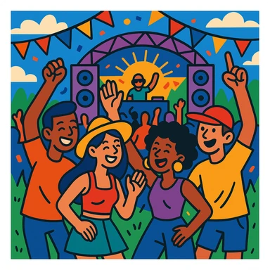 a group of friends dancing at a music festival with stage in background, festive atmosphere, playful style sticker