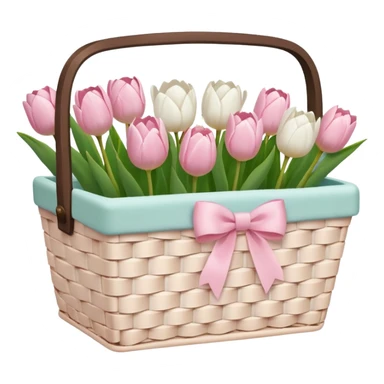 A white Picnic basket with light pink bow, white peonie, tulips sticker