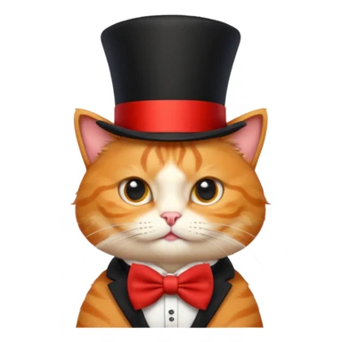 Cute emoji-style orange tabby cat wearing a black top hat with a red band and a red bow tie, big round eyes, fluffy fur, clean mascot style, centered, transparent background, 1:1 ratio. sticker