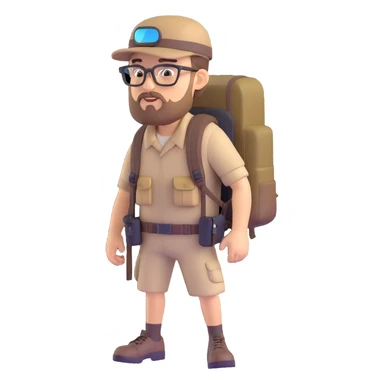 adventurer with goatee beard (no beard on cheeks), short hair, glasses, backwards military tan cap and backpack sticker