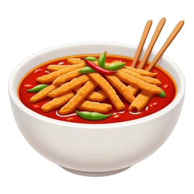 Spicy Gluten Strips in bowl with red chili oil, simplified emoji style with bold outlines and bright colors, cartoon style Chinese street food Mala Jisi sticker