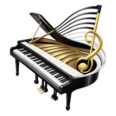 Create an elegant and festive emoji collage representing keyboard instruments, styled like a heraldic emblem. The design should feature a central focal point of black and white piano keys, arranged in a semi-circular or shield-like shape. Around the piano keys, add intertwining musical notes that form flowing ribbons, creating a dynamic and celebratory atmosphere. The design should be professional, with polished silver and gold accents on the keys and notes, highlighting the luxury and sophistication of the instruments. Add subtle shading and lighting effects to give the design a refined, 3D appearance. The background should remain transparent, and the overall feel should evoke grandeur, artistry, and a sense of celebration. sticker