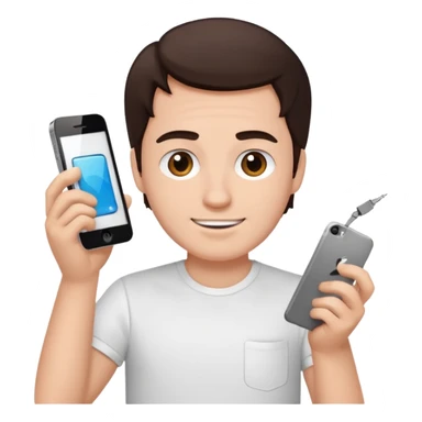 make a white guy with dark brown hair, with a simple white o grey shirt, repairing an iphone, un tecnico happy sticker