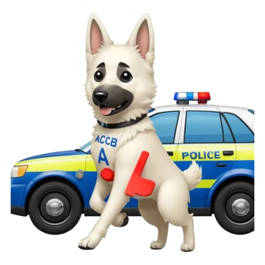 White belgian Shepard Runs away from police car and says "ACAB" sticker