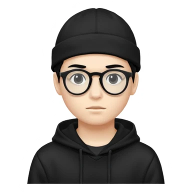 teenage boy (black hair, white skin, black eyes) wearing black glasses (nerd) and hide all his hair under a cap. wearing normal hoodie sticker