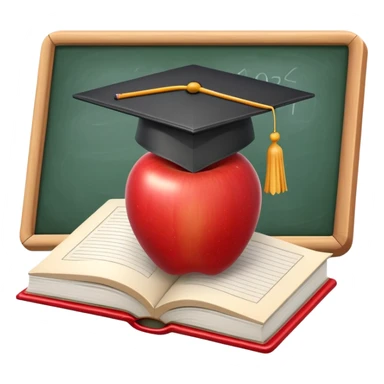 An icon featuring an open book, a chalkboard with lesson plans, and a pencil, symbolizing education and pedagogy. The design includes an apple and a graduation cap, representing teaching and learning. Transparent background highlights the growth and development in education. sticker