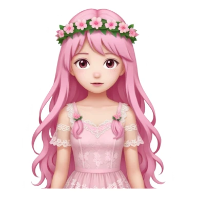 pastel anime woman with pink and white lace dress full body and long hair with flower crown sticker
