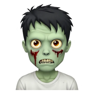 Rosto de frente classico de zombie boca meio torta cabelos medios pretos bagunçados low fade com pele verde clara camiseta branca sticker