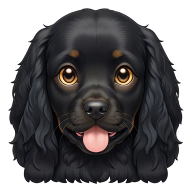 Cinematic Cute Black Cocker Spaniel Portrait Emoji, Head tilted playfully and inquisitively, featuring a glossy black coat with delicate tan accents, round, sparkling dark eyes brimming with curiosity, Simplified yet irresistibly adorable features, highly detailed, glowing with a warm, friendly glow, high shine, affectionate and lively, stylized with a touch of whimsy, bright and endearing, soft glowing outline, capturing the essence of a mischievous yet loving pup, so playful it feels like it could bound out of the screen and into your arms! sticker