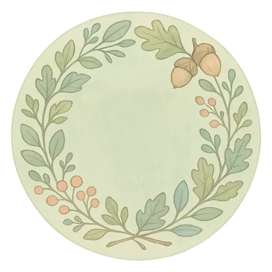 wreath of forest leaves, acorns, and berries in soft pastel Ghibli style, soft green circle sticker, transparent background sticker