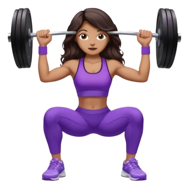 mujer de tez trigueña, con cabello castaño oscuro ondulado no muy marcado, hasta la cadera super largo estilizado, con ropa deportiva morada/lila, tenis blancos deportivos y levantando una pesa sticker