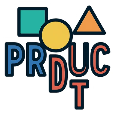 the word PRODUCT in blue and red, with geometric shapes, contemporary icon style sticker