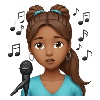 Brown skin girl with a long ponytail singing into a microphone looking sad with music notes coming out sticker