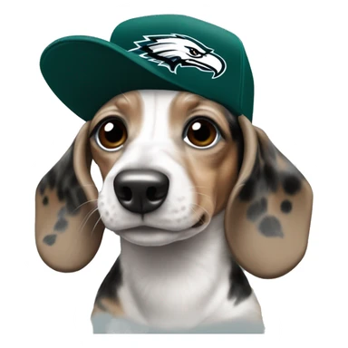 Miniature Tri Merle Dachshund wearing Philadelphia Eagles Hat with C on Jersey sticker