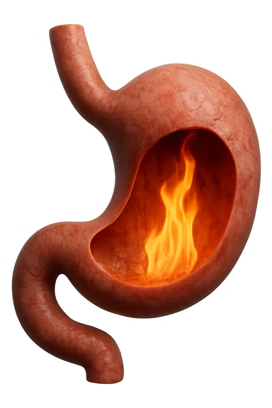 stomaco umano anatomico  con fiamma che brucia all'interno, iperrealistico 4k sticker