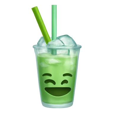 Clear glass cup about 12 ounce filled up with ice and Matcha, which is green and has a cute glass straw sticker