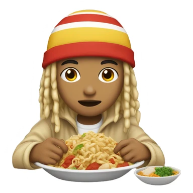 Lightskin with beanie and blonde dreads, eating Asian food sticker