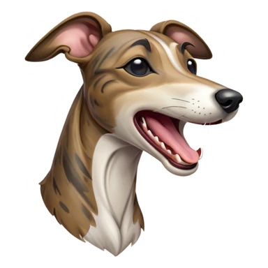 Cinematic Cute Yawning Brindle Greyhound Portrait Emoji, Head tilted slightly with a dramatic, wide-open yawn, showcasing a smooth brindle Fur with a refined pattern, floppy ears slightly drooping, round eyes barely open in drowsy contentment, Simplified yet irresistibly adorable features, highly detailed, glowing with a soft, cozy glow, high shine, relaxed yet expressive, stylized with a touch of whimsy, bright and endearing, soft glowing outline, capturing the essence of a sleepy yet affectionate racer, so drowsy it feels like it could stretch out of the screen and curl up for a nap! sticker