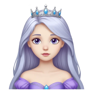 long haired girl with silver hair color and pale skin, she has a sky blue eye color and she's wearing a purple princess gown sticker