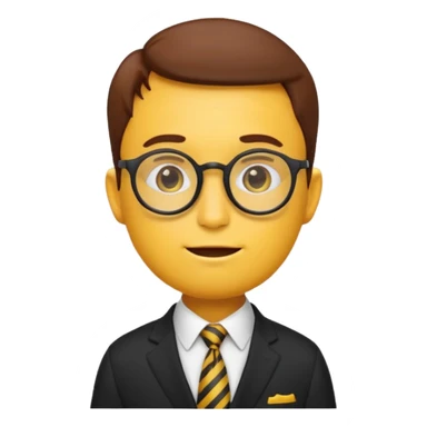emoji character with the classic nerd emoji head (yellow round face, large brown glasses, buck teeth, freckles). The body is human-like, dressed in an elegant black suit with a tie, in a thoughtful and philosophical pose —  sticker