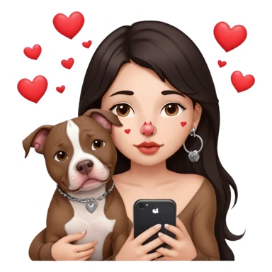 Young girl, with long dark hair, kind of chop you around her face holds her phone sitting by her pitbull. She has a small septum ring in her nose and heart fly all around her. sticker