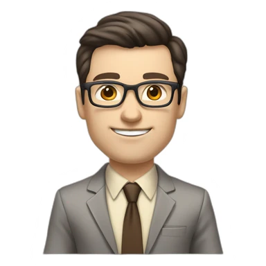 Pale skinned fit man with dark brown hair in gray jacket, beige office shirt, brown tie, brown pants and vintage glasses Writing on the marker board sticker