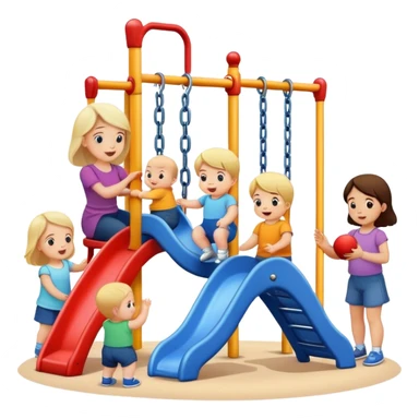 Toddlers playing on a  playground and a woman holding a baby watching  sticker