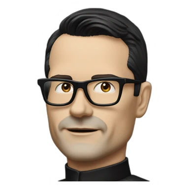 small photo realistic Ralf Hutter from Kraftwerk, short straight black hair, Dark Brown eyes, black glasses, lean, black shirt, riding a Tesla sticker