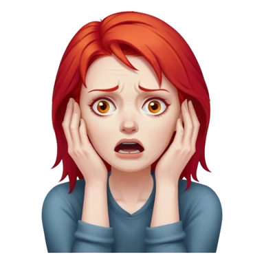 of a white woman with bright red hair, visibly distressed and clutching her neck with both hands, her face conveying a strong sense of panic and fear sticker