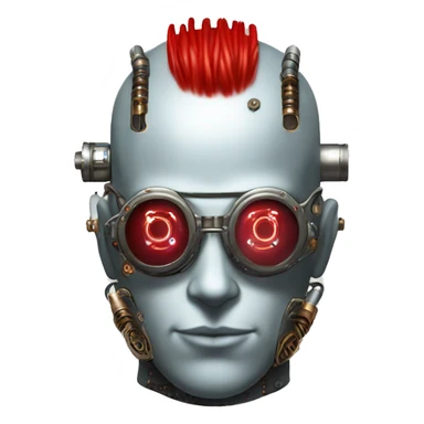 Bald cyborg head with red Mohawk, silver steampunk goggles, red beard and circuits sticker