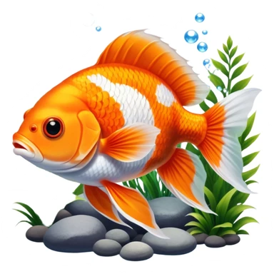 Large aquarium fish like veil tails and lionhead goldfish swimming gracefully in a beautifully decorated aquarium. Colorful aquatic plants, smooth rocks, and gentle bubbles surround the fish. The water shimmers in sunlight, creating a peaceful and vibrant underwater scene. Transparent background. sticker