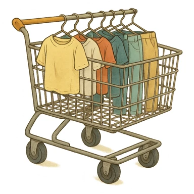 ghibli style shopping cart with hanging shirts and pants sticker