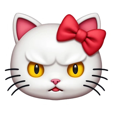 An iOS-style emoji of Hello Kitty feeling angry, with her signature red bow, white cat face, no mouth, black eyes, and yellow nose. Maintain the original Hello Kitty character design. Transparent background.  sticker