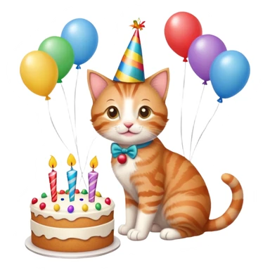 Ginger tabby kitten celebrates birthday, birthday hat, birthday cake, balloons, happy, gifts sticker