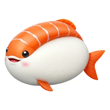 Cute Kawaii Nigiri Sushi, plump and happy, a soft white rice pillow topped with bright orange salmon, tiny blushing cheeks, big round eyes, a joyful floating expression! sticker